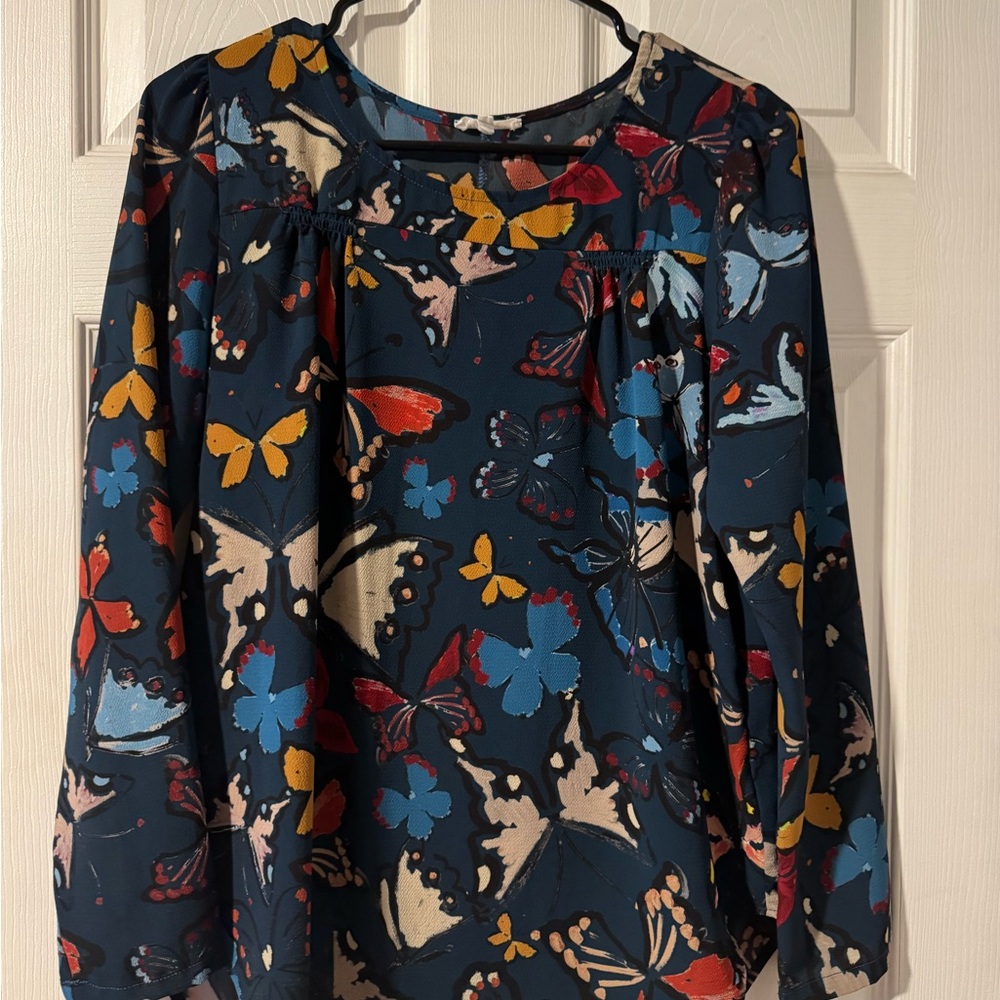 Weston Wear Navy Butterfly Print Long-Sleeve Blouse